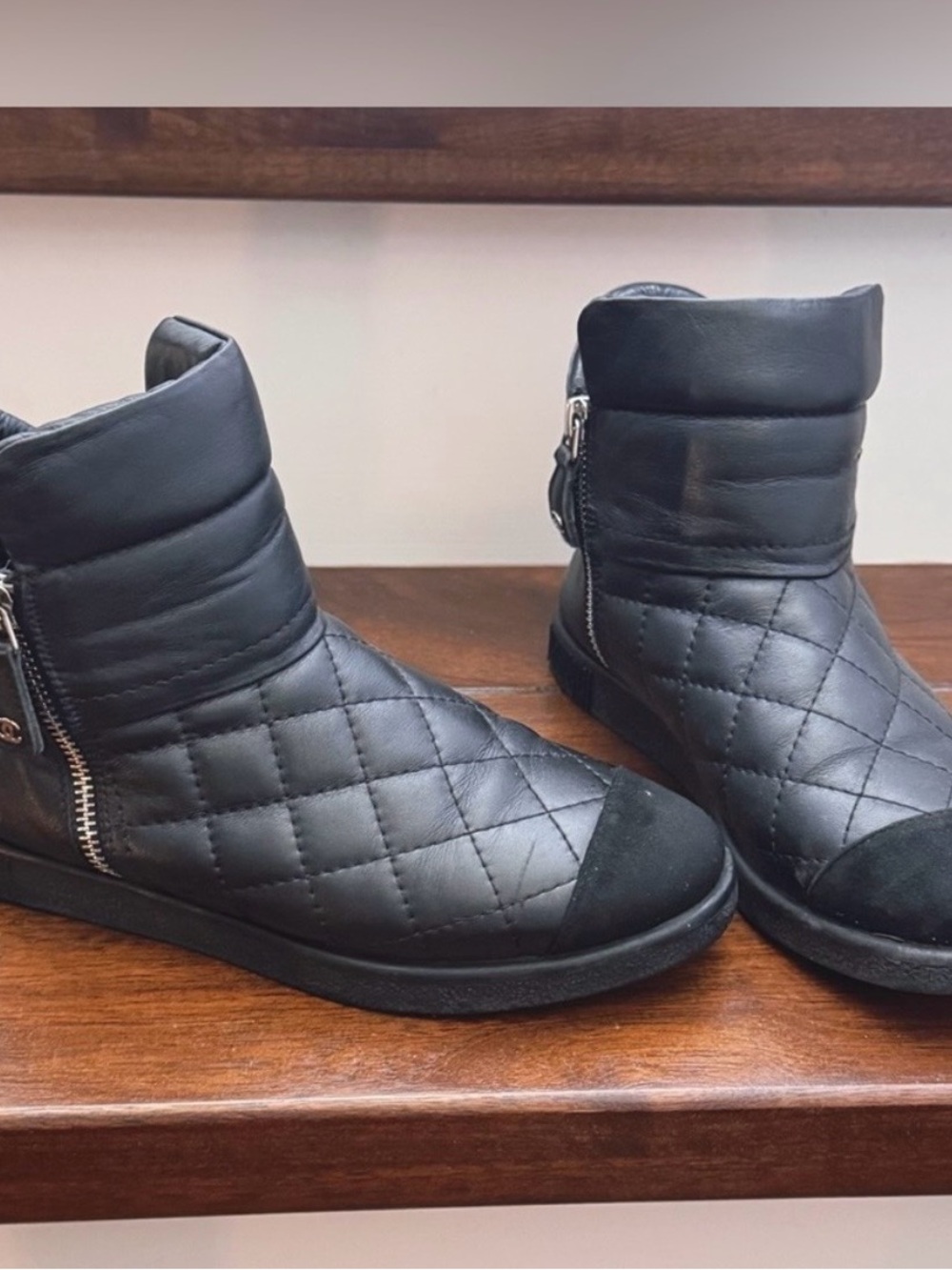 CHANEL Black Quilted Leather Ankle Booties with Side Zip. An easy everyday wear.